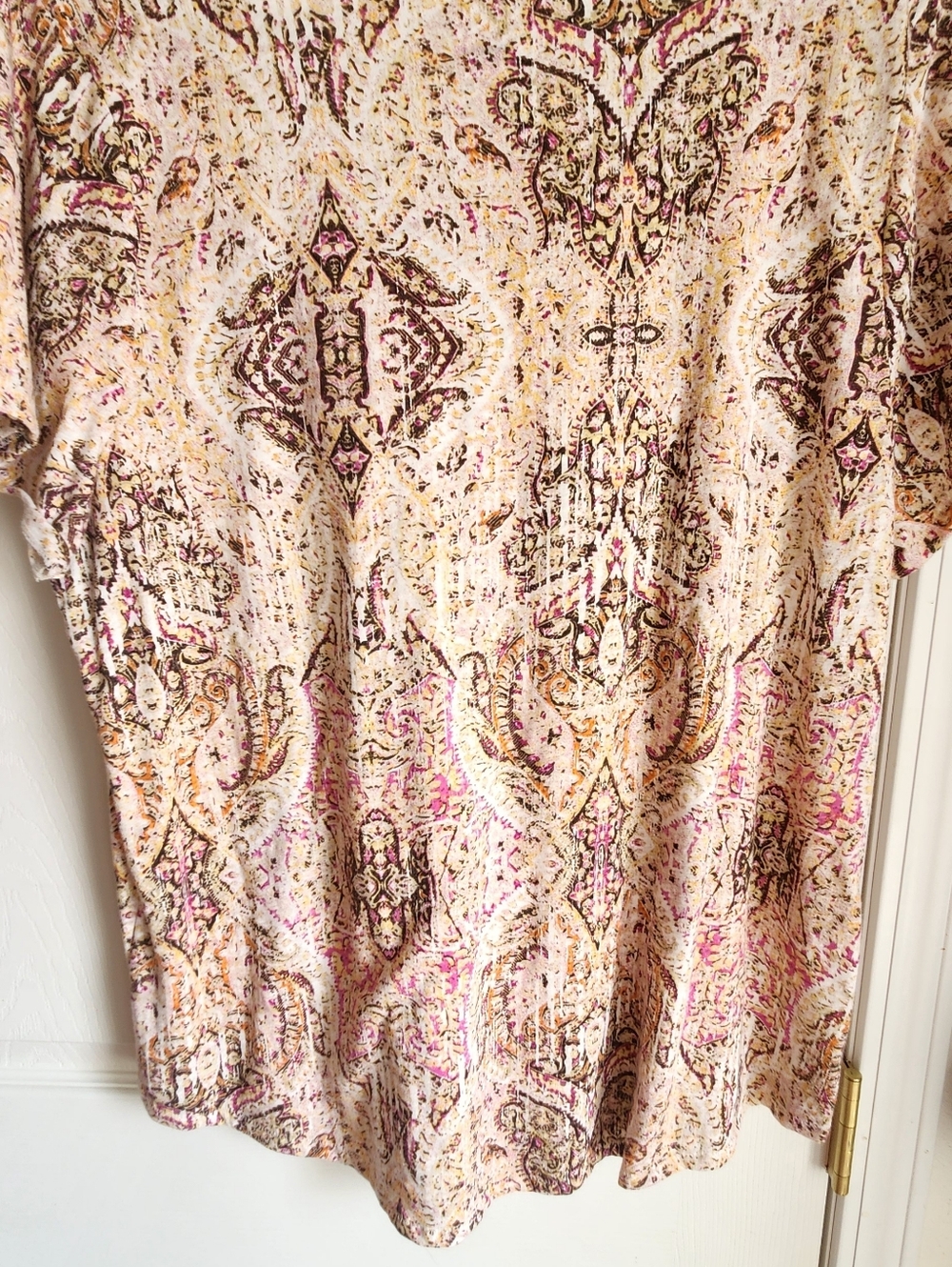 Sonoma Cream Paisley Short Sleeve V-Neck Top with Pink and Brown Accents - Picture 3 of 3